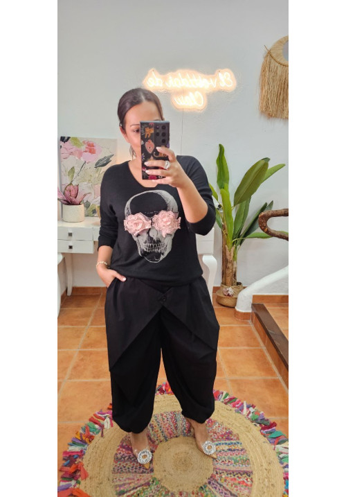 Jersey calavera flor negro