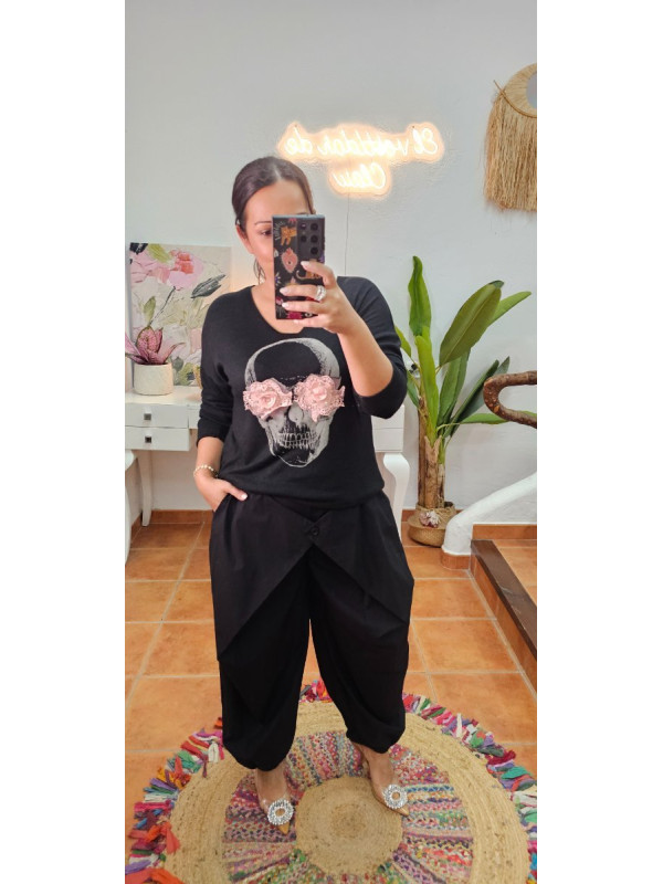 Jersey calavera flor negro