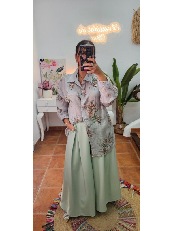 Pantalón ancho cinturón menta