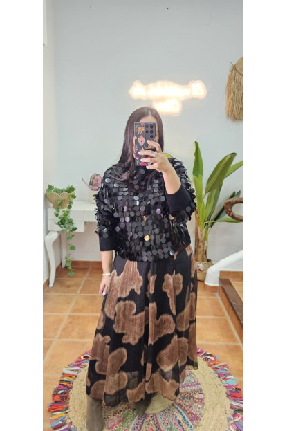 Falda gasa brillo  negro camel 