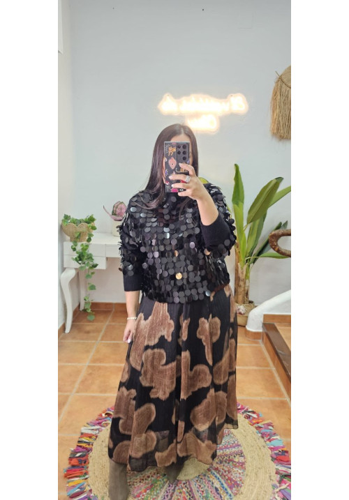 Falda gasa brillo  negro camel 