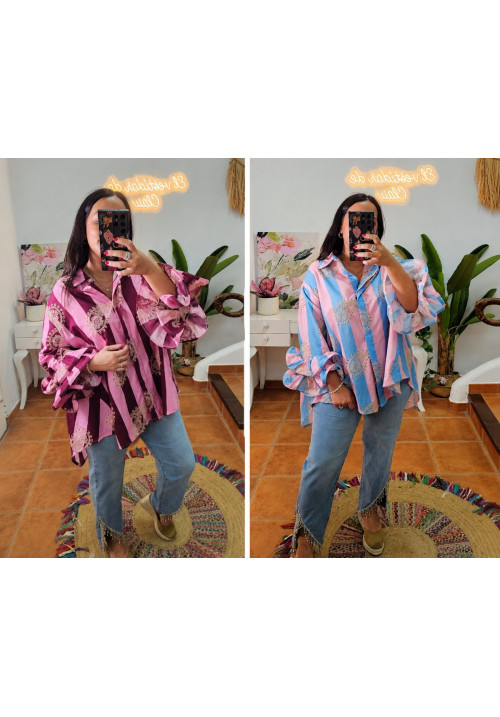 Blusa rayas bordada mangas volantes 